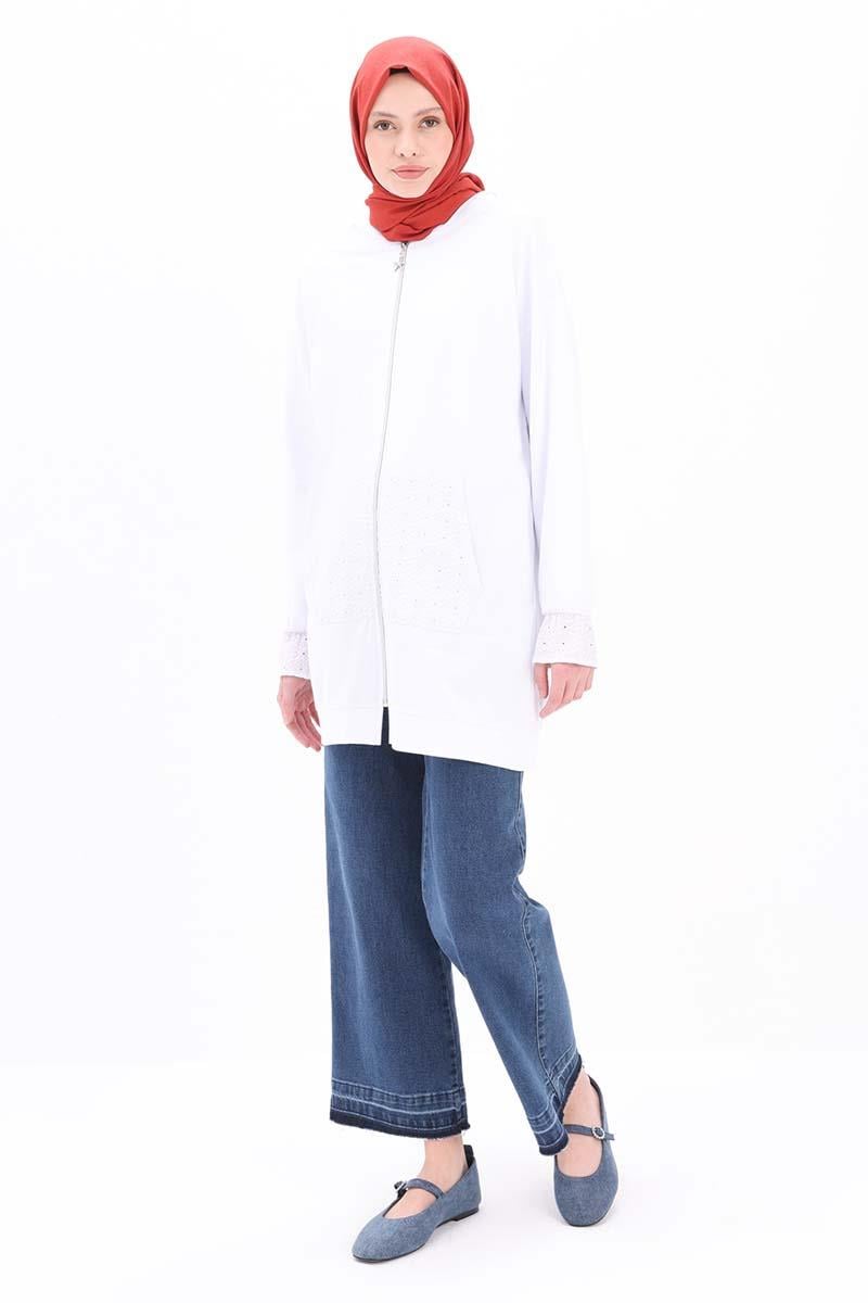 Beyaz-%100 Pamuklu Fisto Sweat Hırka