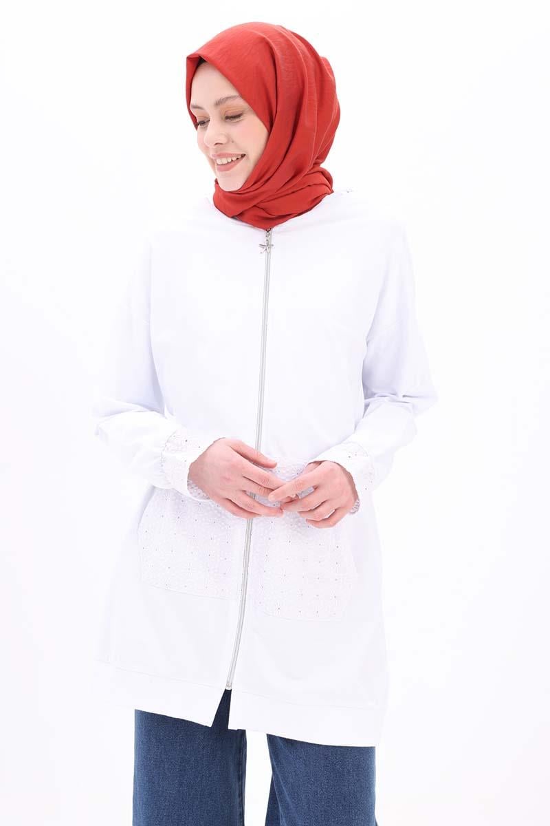 Beyaz-%100 Pamuklu Fisto Sweat Hırka