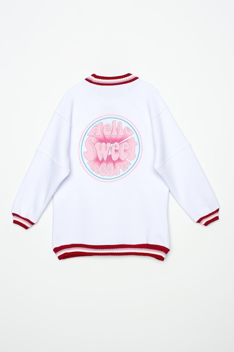 Beyaz-Arkası Baskılı Şardonlu Triko Garnili Sweatshirt