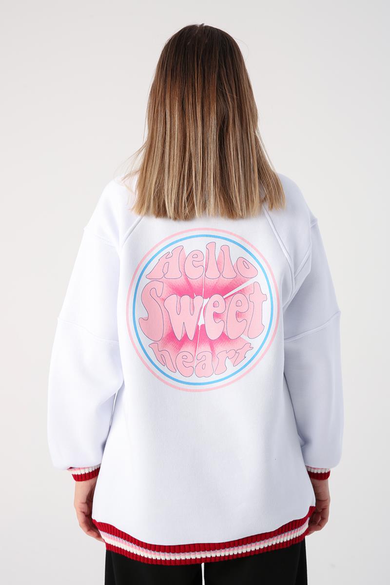 Beyaz-Arkası Baskılı Şardonlu Triko Garnili Sweatshirt