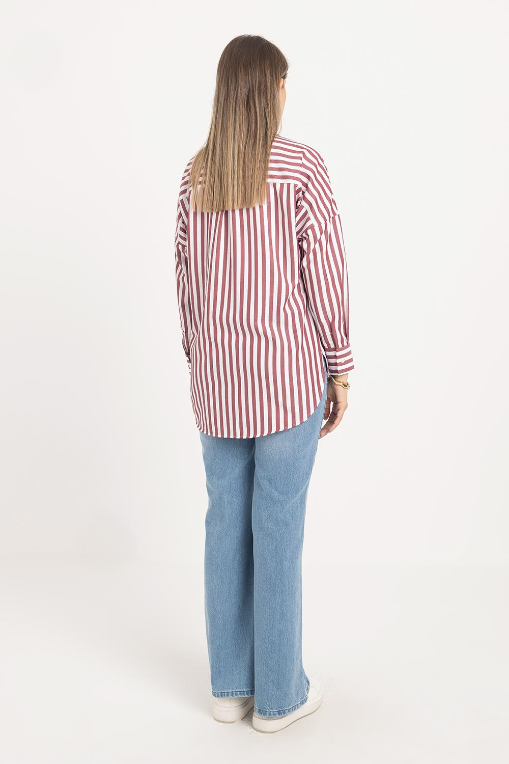 Beyaz-Bordo-Oversize Basic Gömlek