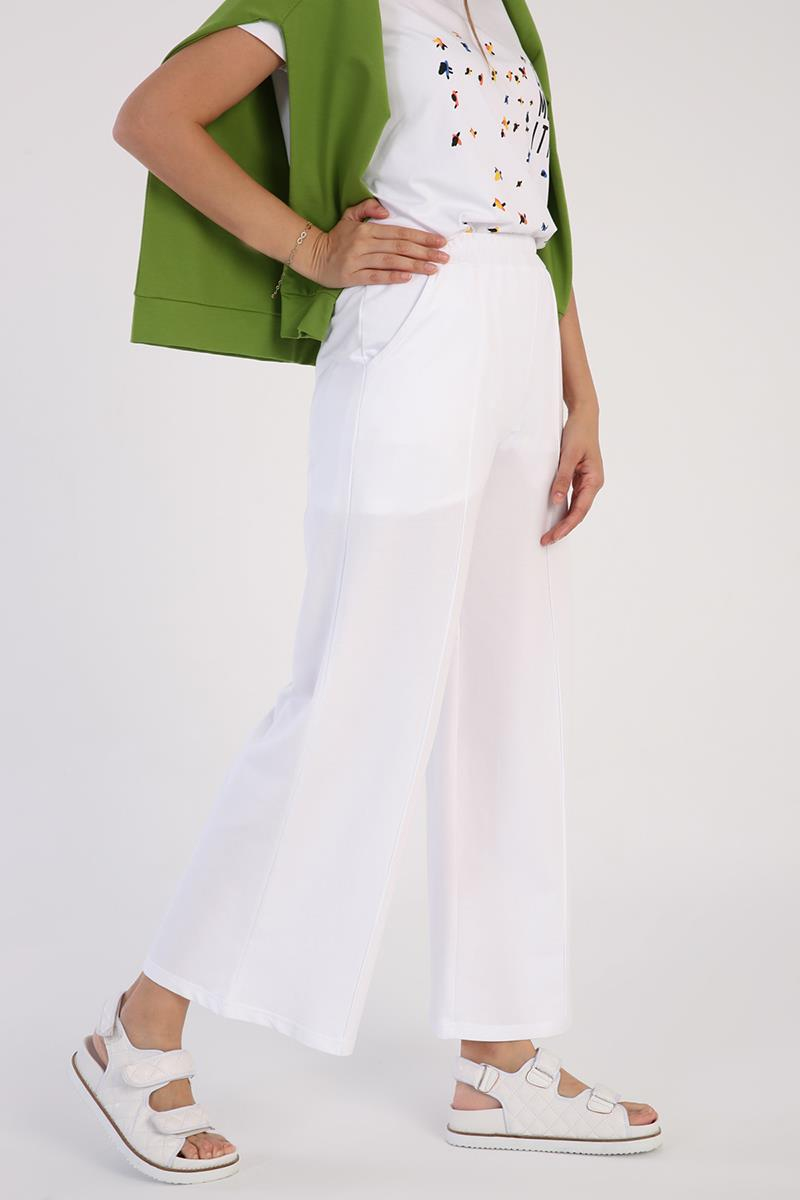 Weiß-graue Jogginghose mit weitem Bein und Taschen