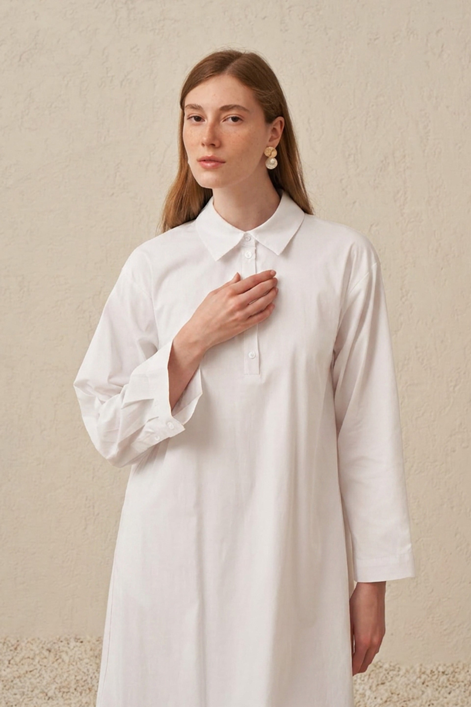 Beyaz-Düğme Detaylı Poplin Tunik