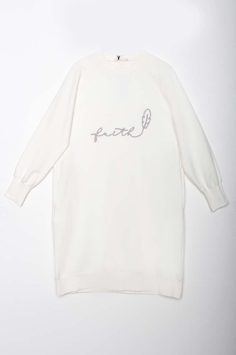 Beyaz-Faıth Yazılı Nakışlı Sweat Tunik