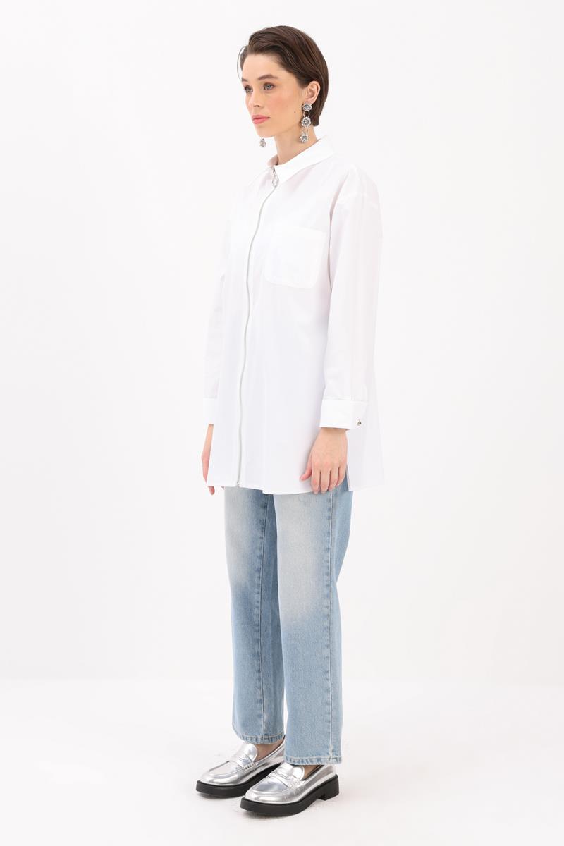 Beyaz-FERMUARLI MANŞETİ DUBLELİ GÖMLEK TUNİK