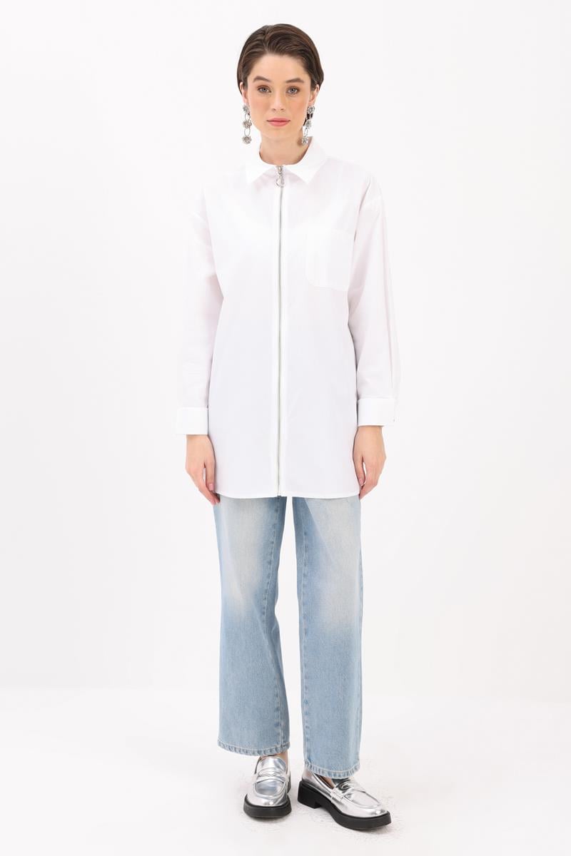 Beyaz-FERMUARLI MANŞETİ DUBLELİ GÖMLEK TUNİK
