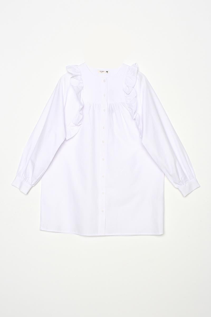 Beyaz-Fırfır Detaylı Pamuklu Bisiklet Yaka Gömlek Tunik