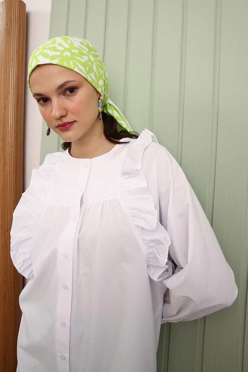 Beyaz-Fırfır Detaylı Pamuklu Bisiklet Yaka Gömlek Tunik