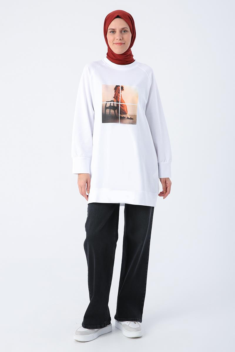 Beyaz-Fotoğraf Baskılı Sweat Tunik
