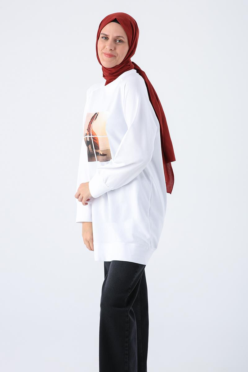 Beyaz-Fotoğraf Baskılı Sweat Tunik