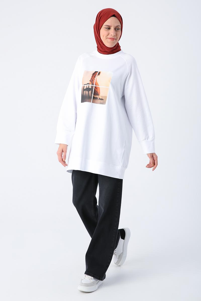 Beyaz-Fotoğraf Baskılı Sweat Tunik