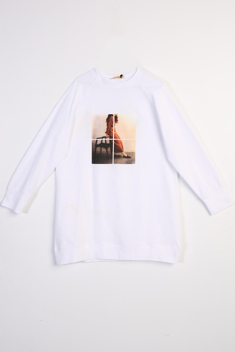 Beyaz-Fotoğraf Baskılı Sweat Tunik