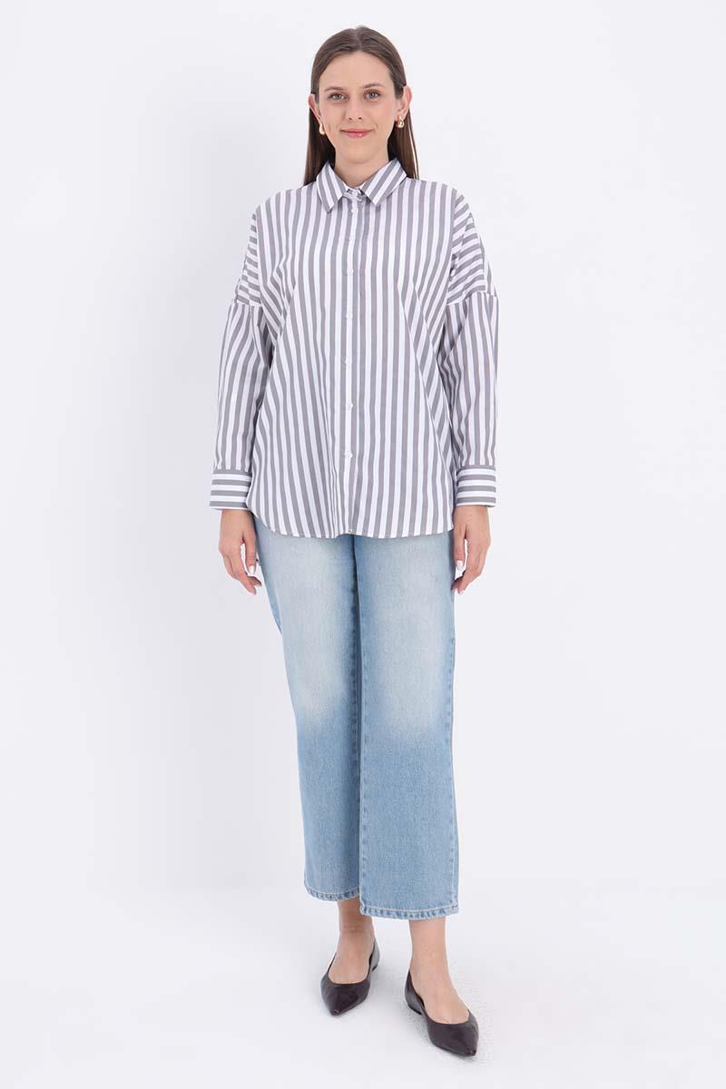Beyaz-Gri-Oversize Basic Gömlek