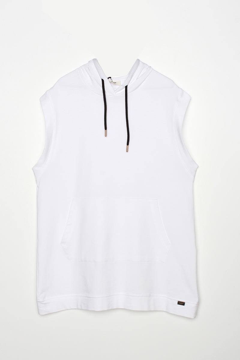 Beyaz-Kapüşonlu Kanguru Cepli Sweat Süveter