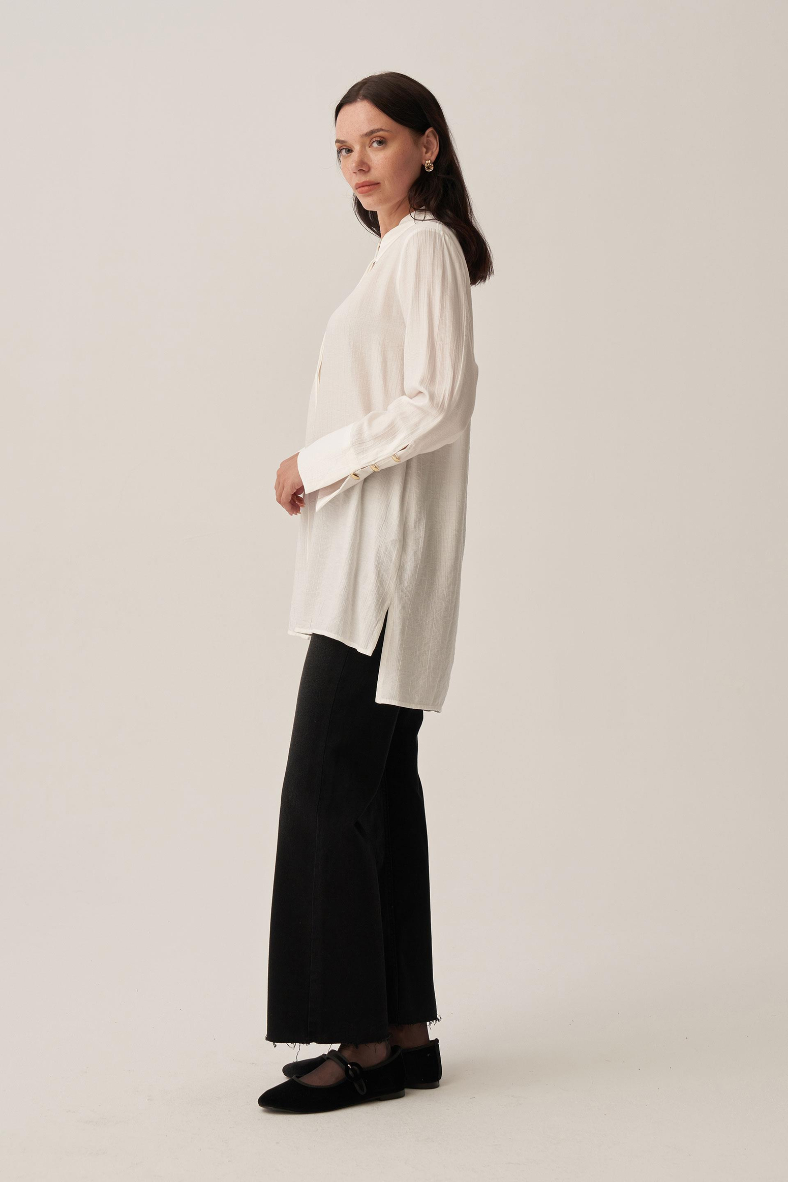 Beyaz-Kırışık Efektli Şık Poplin Gömlek