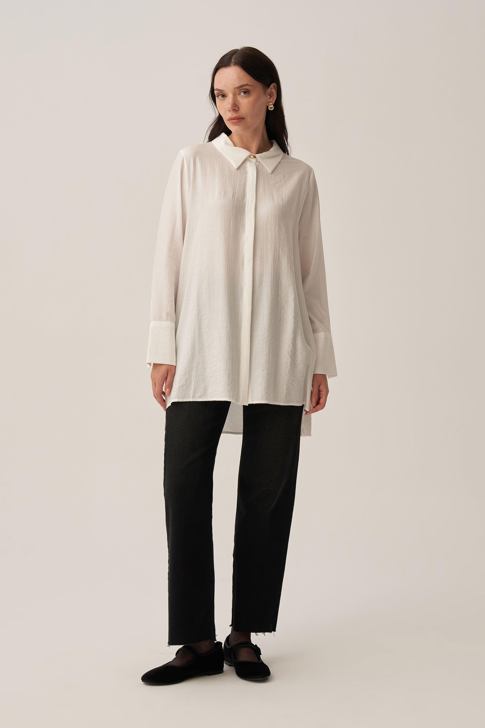 Beyaz-Kırışık Efektli Şık Poplin Gömlek