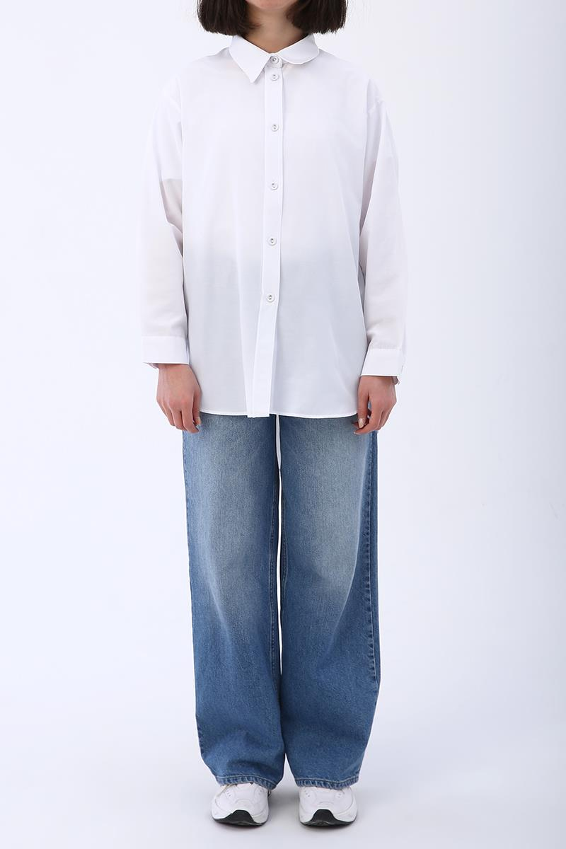 Beyaz-Kumaş Kaplamalı Düğmeli Oversize Gömlek