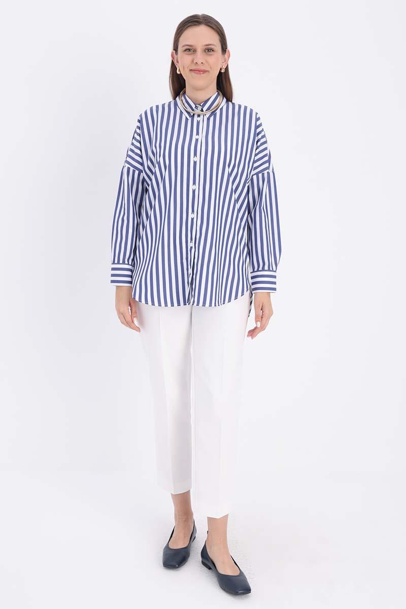 Beyaz-Lacivert-Oversize Basic Gömlek