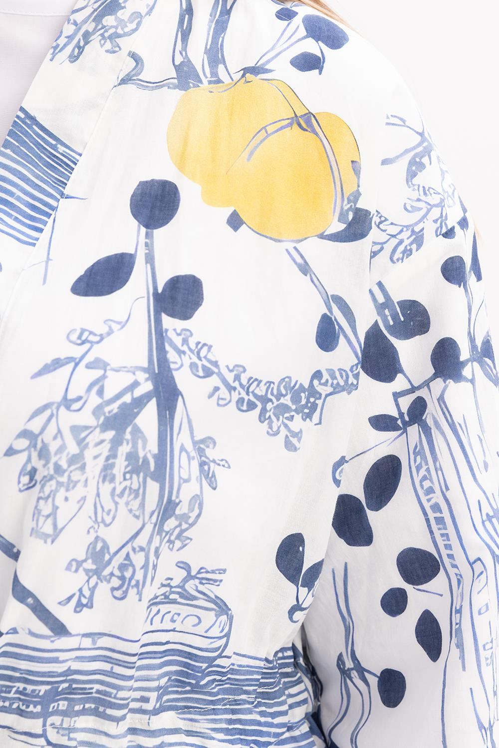 Beyaz-Mavi-Desenli Kuşaklı Kimono