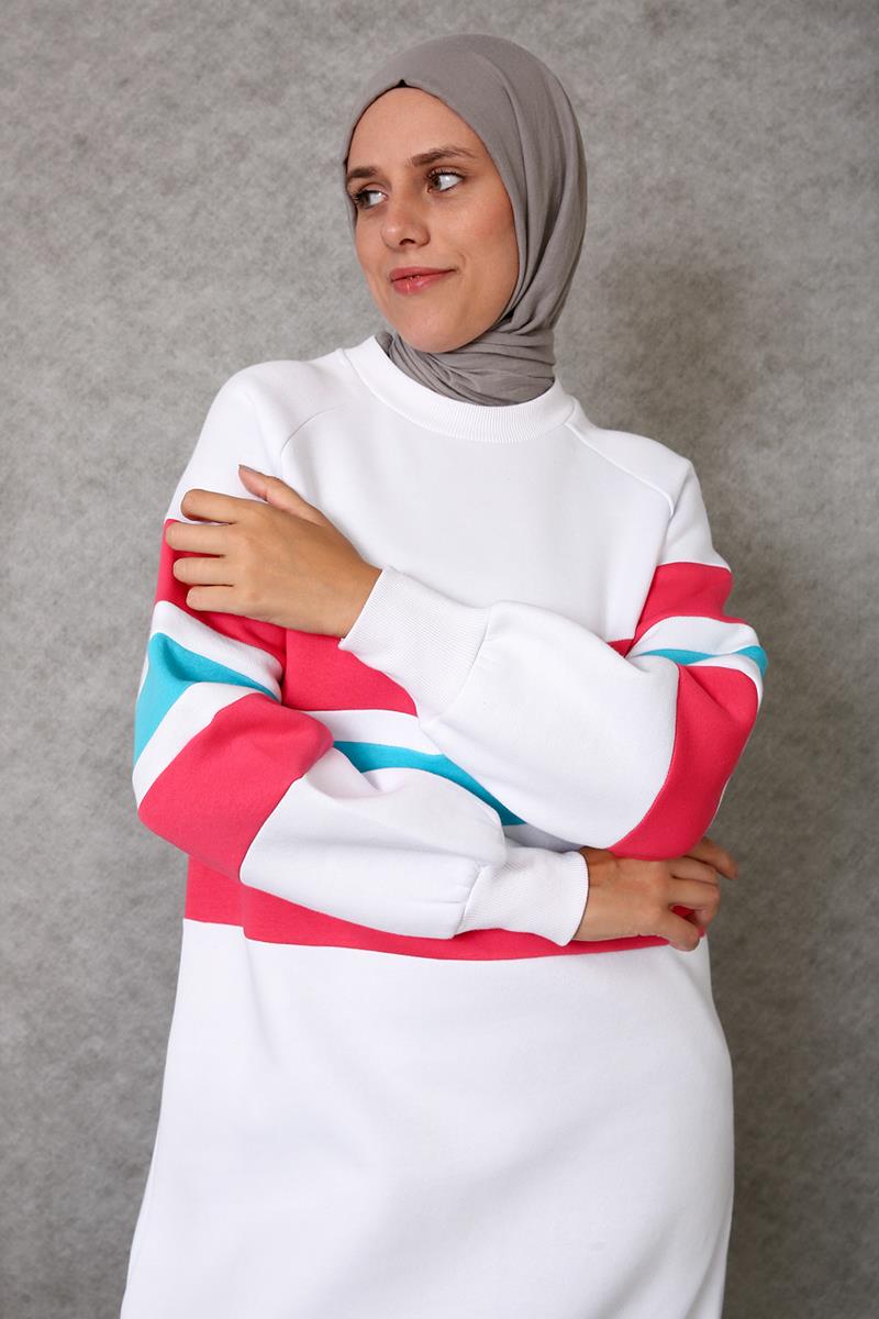 Beyaz-Oversize Renkli Çizgili Şardonlu Sweat Tunik