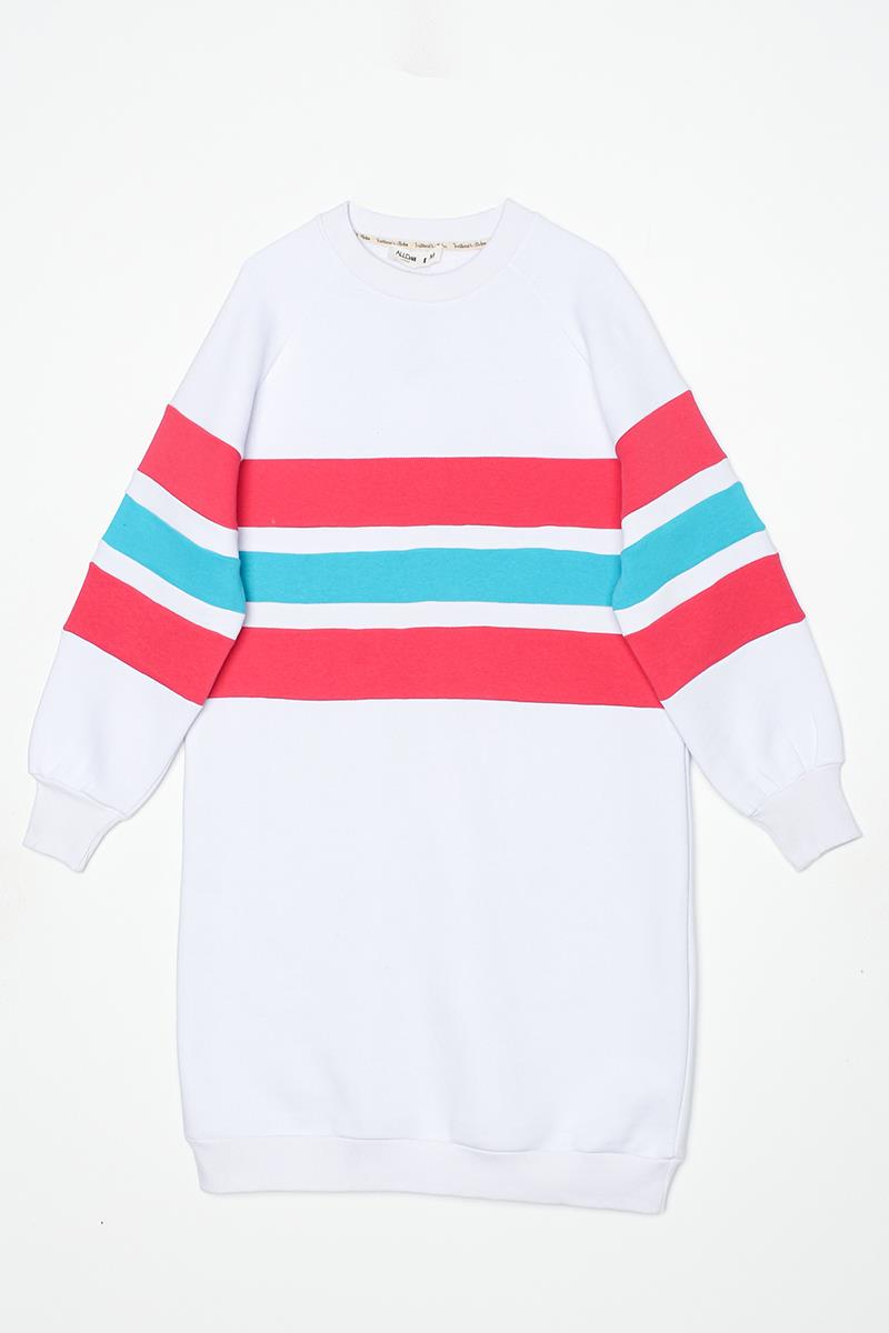 Beyaz-Oversize Renkli Çizgili Şardonlu Sweat Tunik