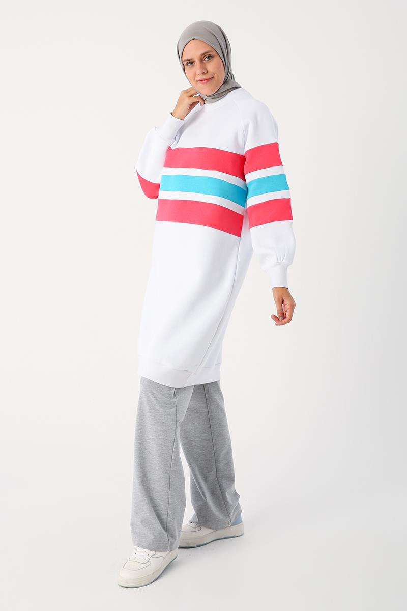 Beyaz-Oversize Renkli Çizgili Şardonlu Sweat Tunik