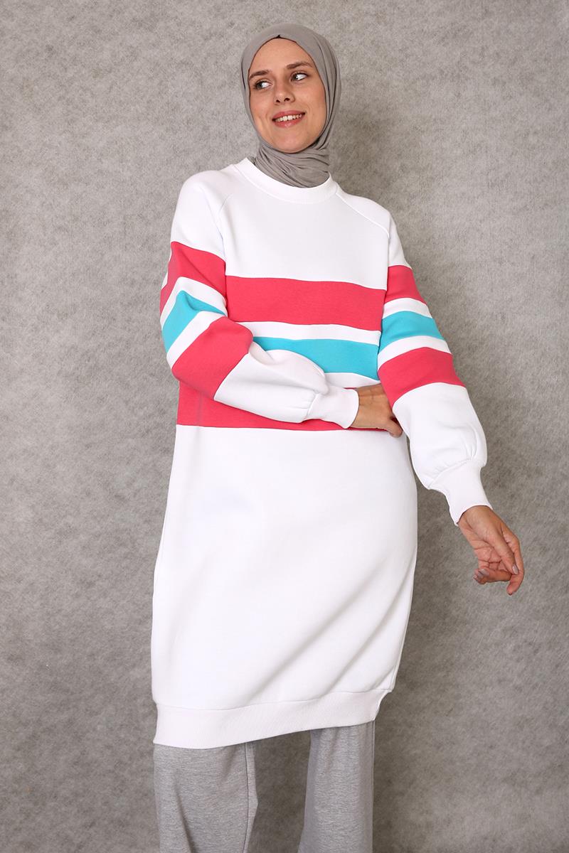 Beyaz-Oversize Renkli Çizgili Şardonlu Sweat Tunik
