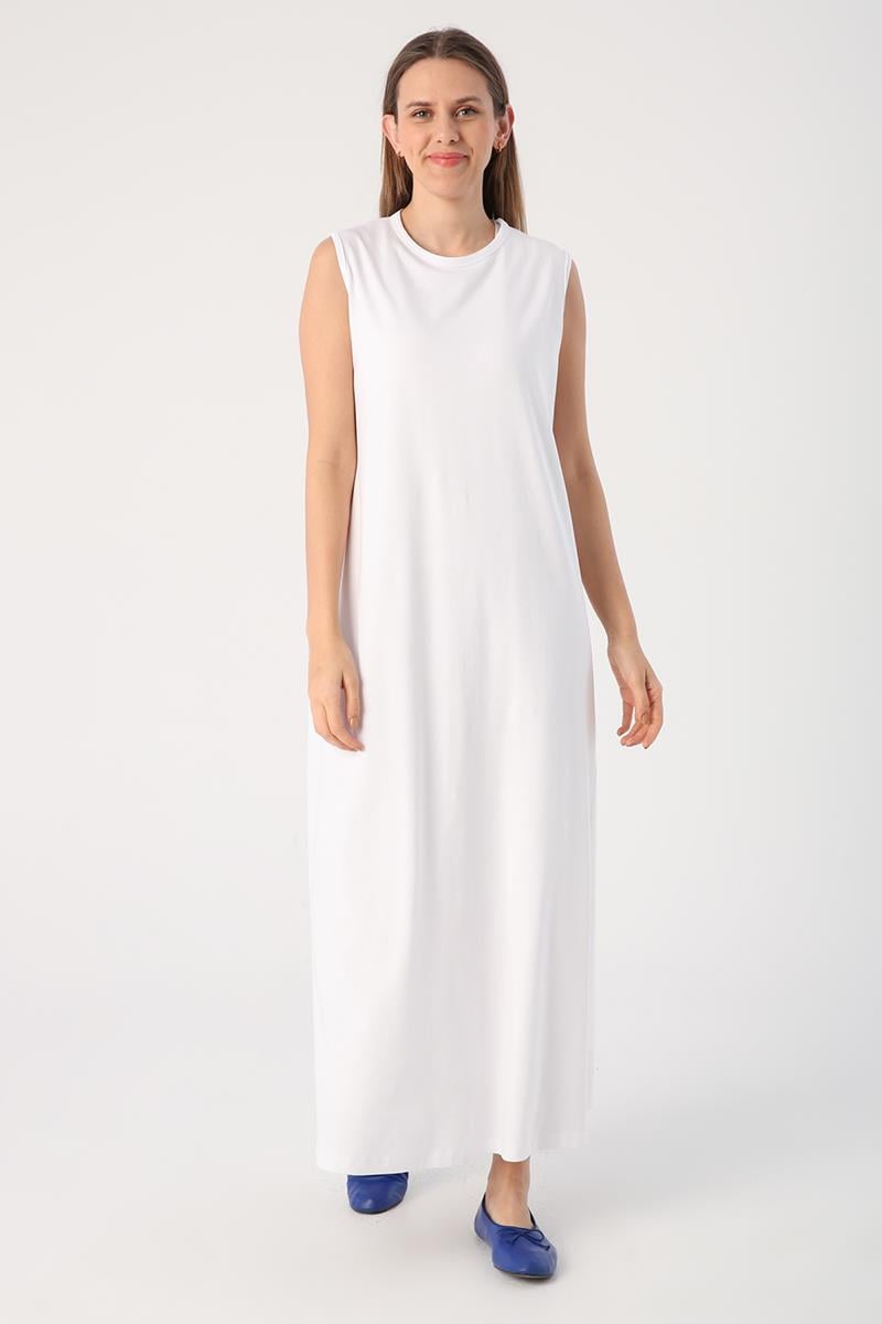 White-Cotton Crew Neck Sleeveless Underwear Dress