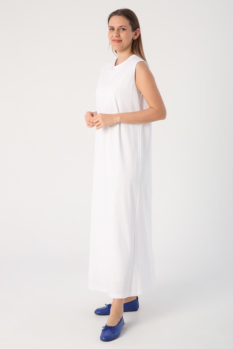 White-Cotton Crew Neck Sleeveless Underwear Dress
