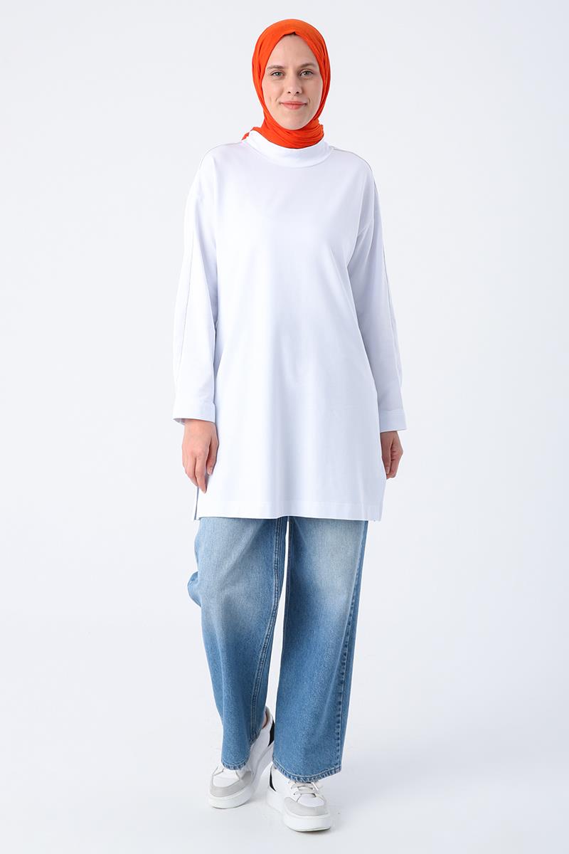 White-Cotton High Collar Glitter Stitched Slit Tunic