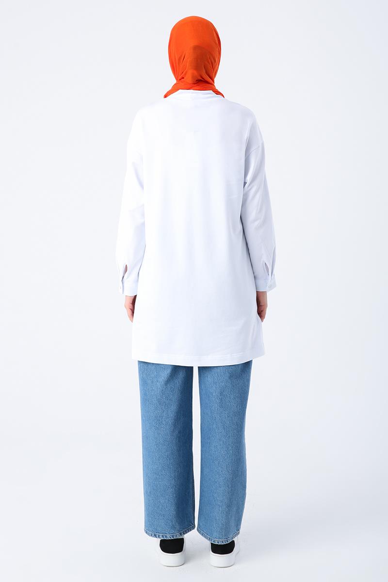 White-Cotton High Collar Glitter Stitched Slit Tunic