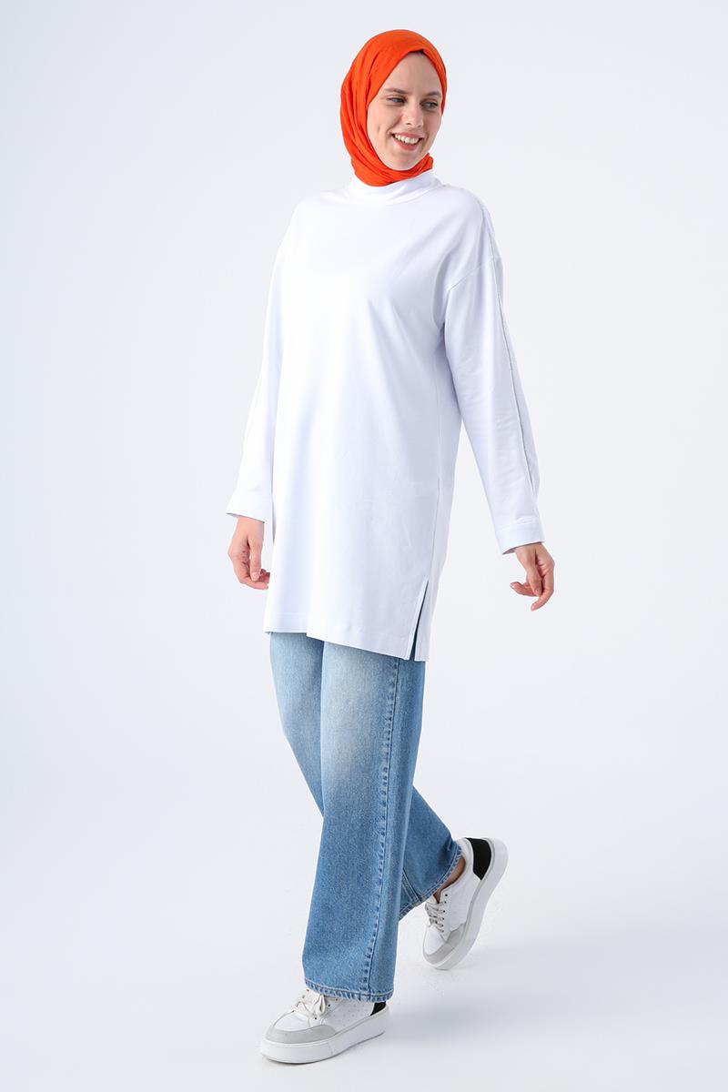 White-Cotton High Collar Glitter Stitched Slit Tunic