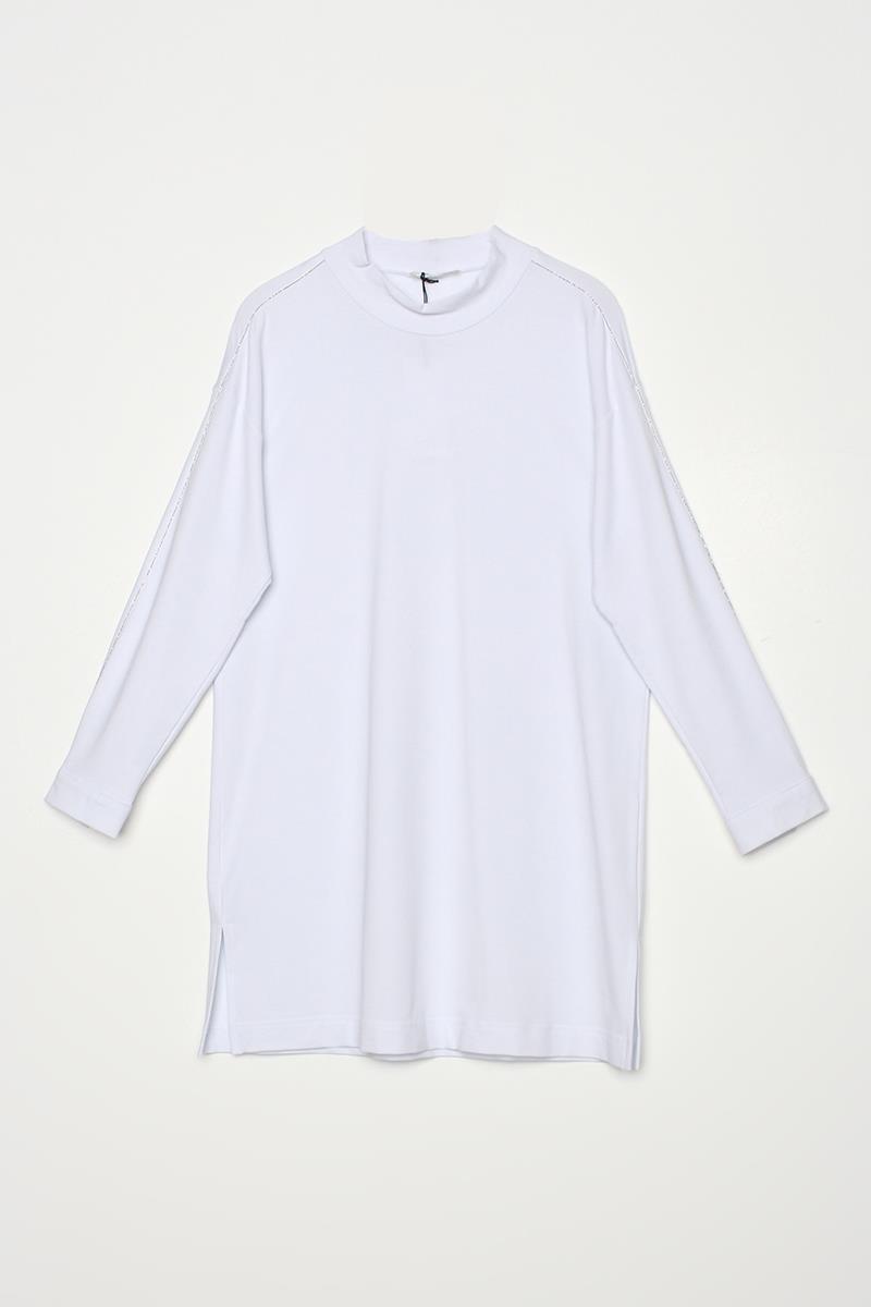 White-Cotton High Collar Glitter Stitched Slit Tunic