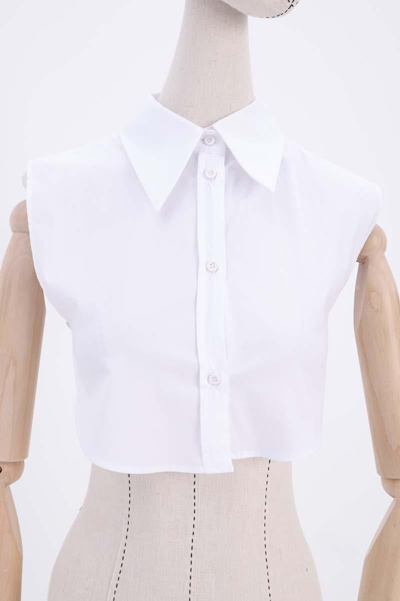 White-Cotton Sleeveless Shirt Collar Buttoned Crop Underwear