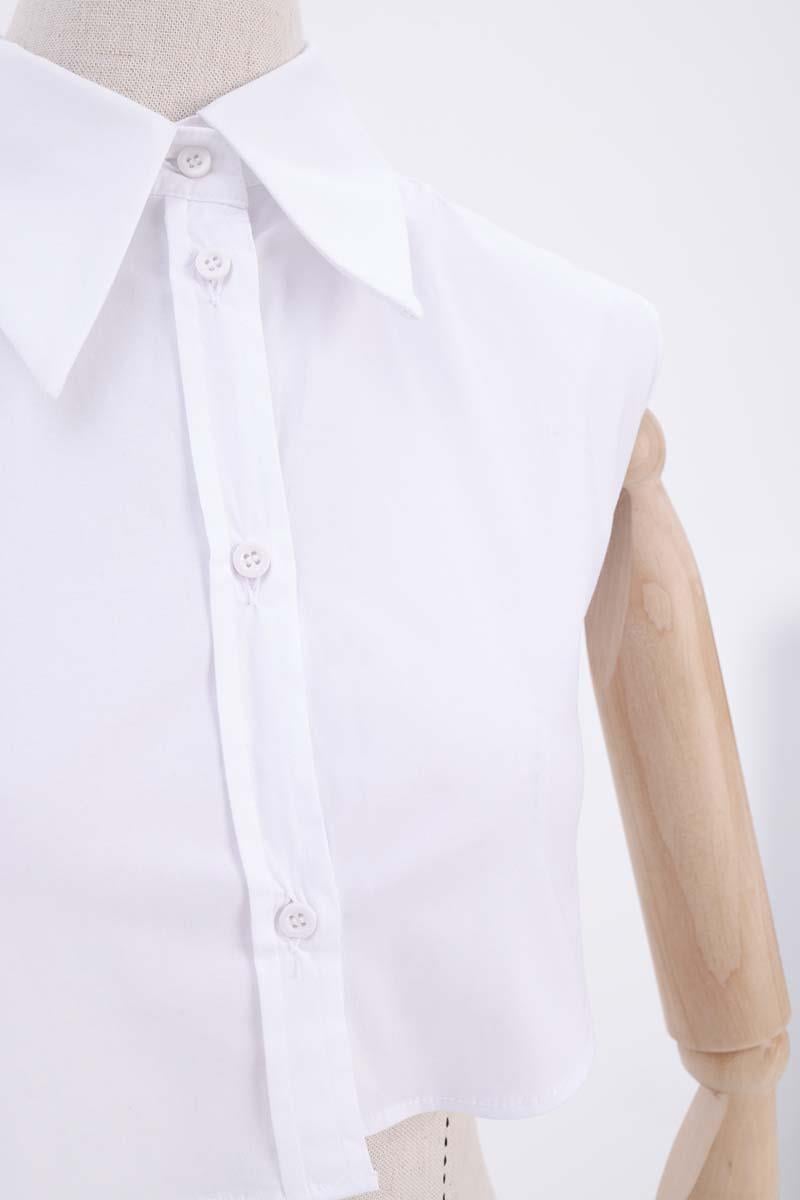 White-Cotton Sleeveless Shirt Collar Buttoned Crop Underwear
