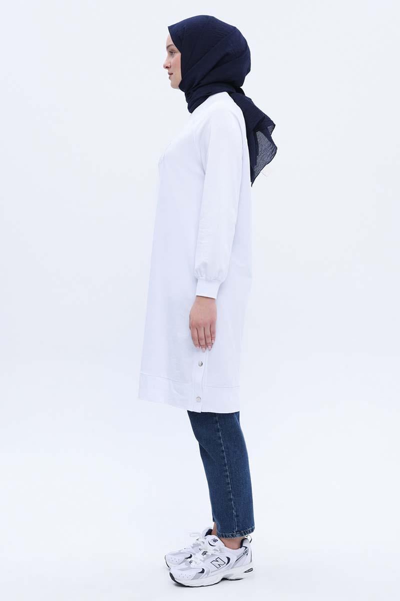 Beyaz-Pamuklu Nakışlı Sweat Tunik