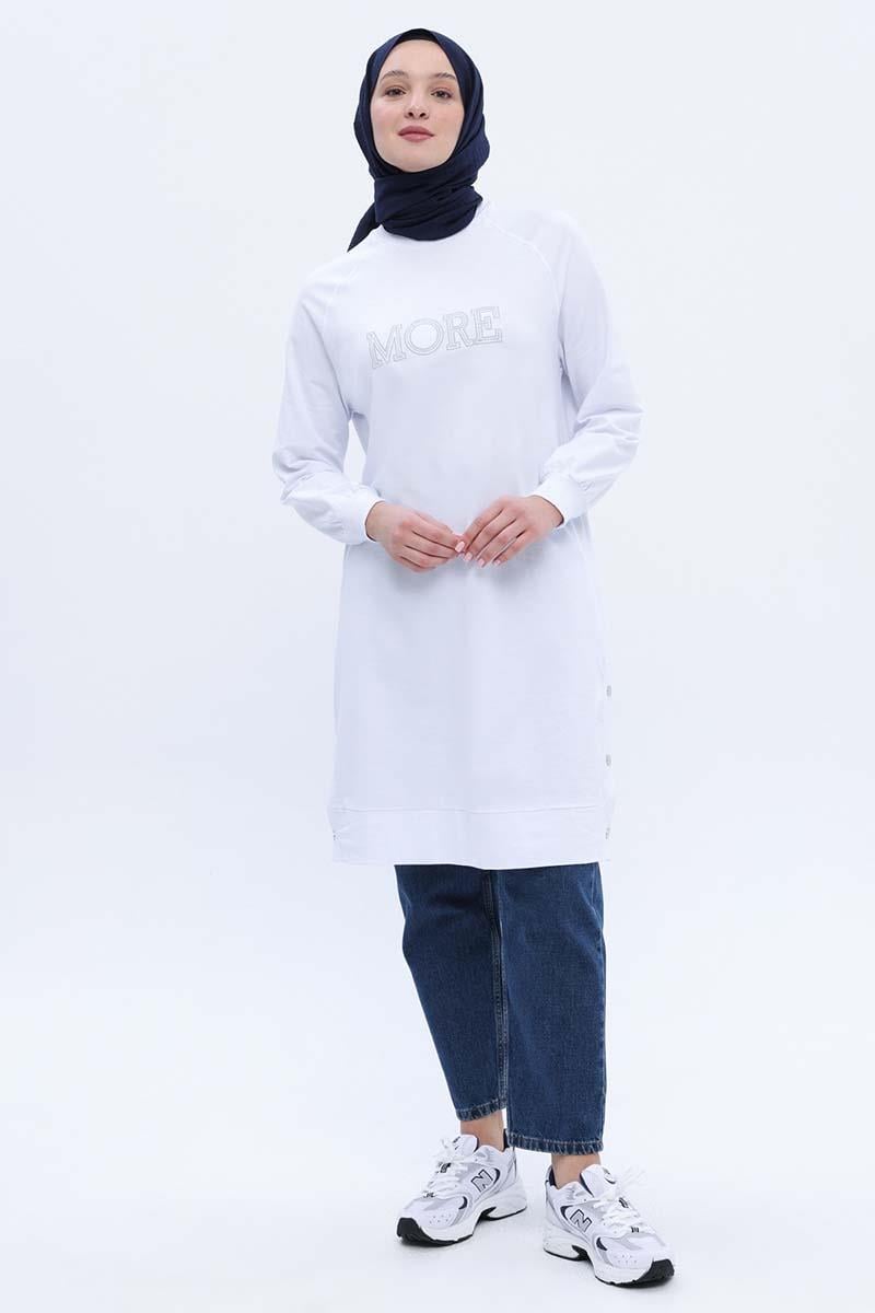 Beyaz-Pamuklu Nakışlı Sweat Tunik