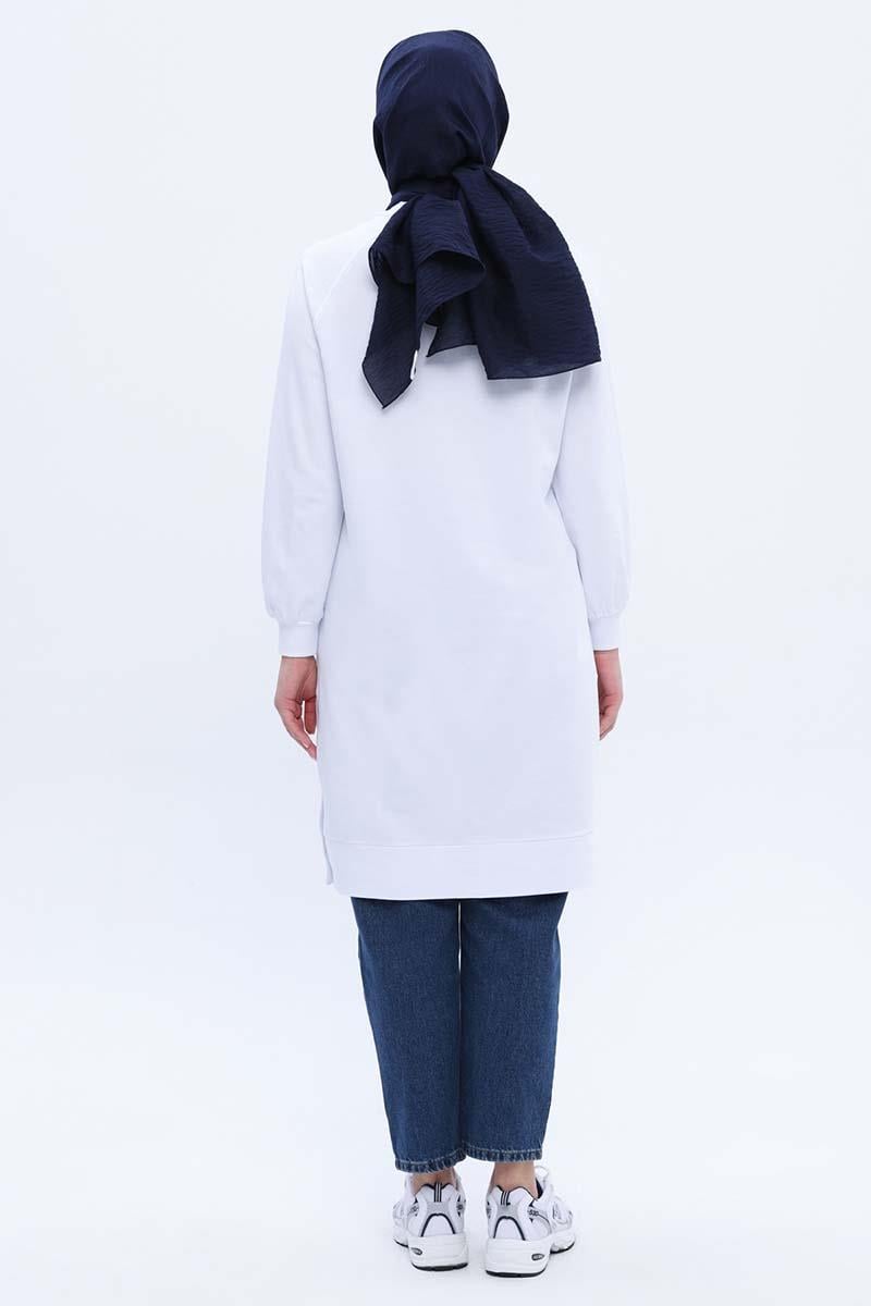 Beyaz-Pamuklu Nakışlı Sweat Tunik