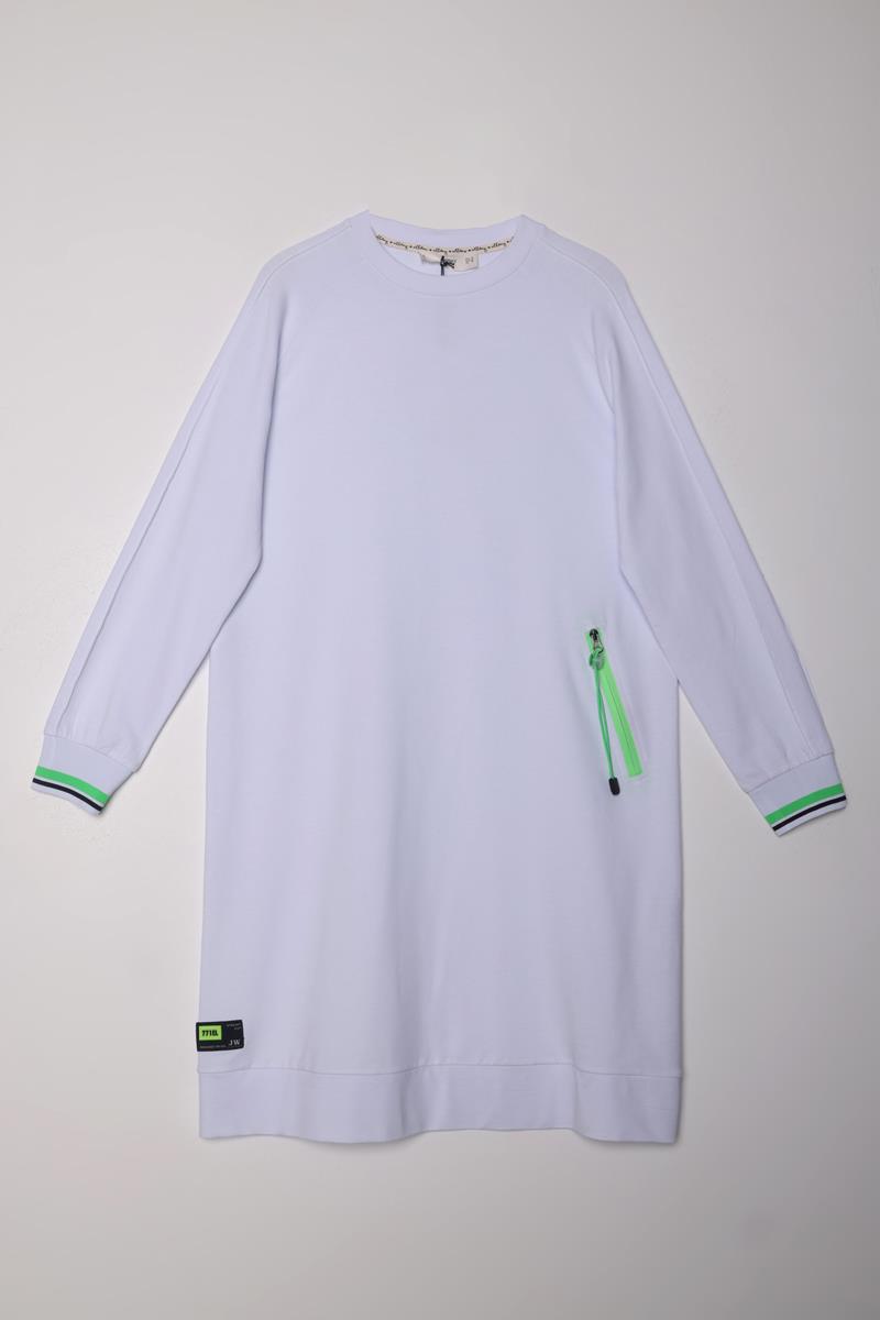 Beyaz-Pamuklu Neon Fermaur Detaylı Sweat Tunik
