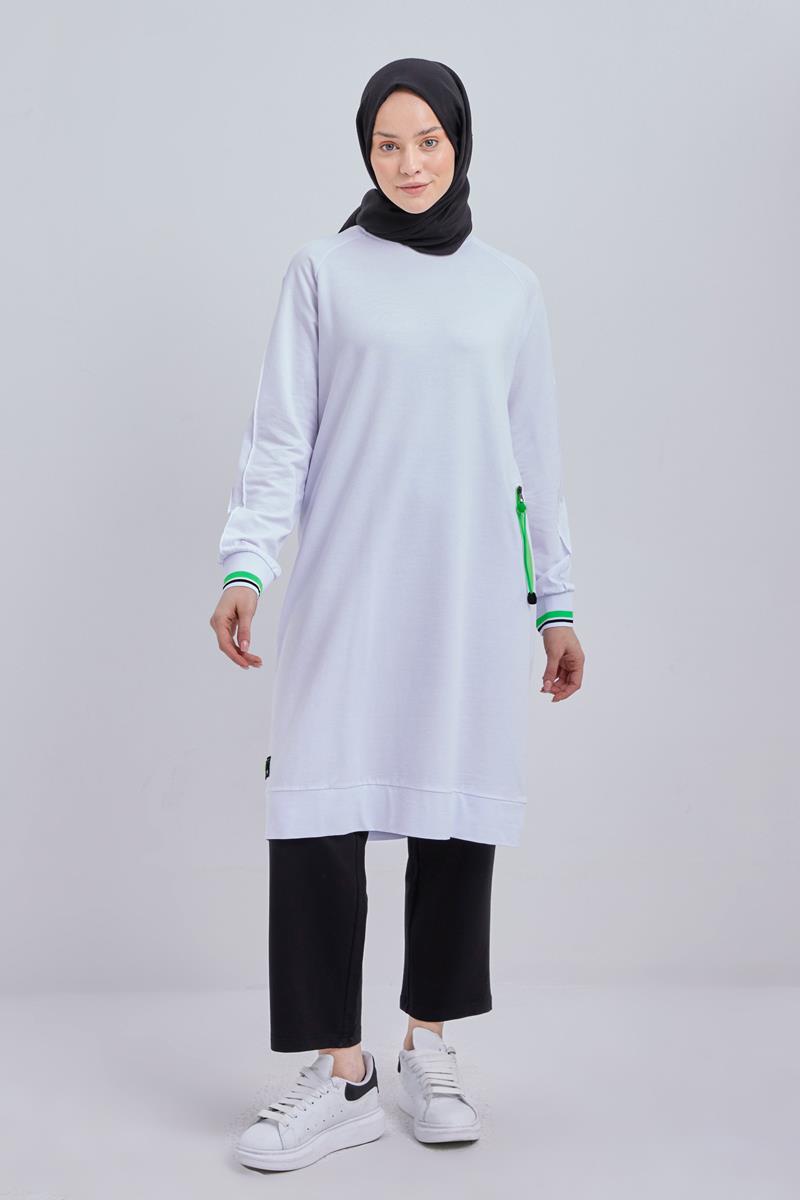 Beyaz-Pamuklu Neon Fermaur Detaylı Sweat Tunik