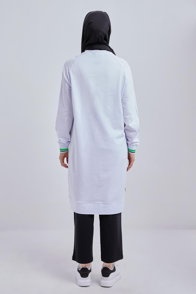 Beyaz-Pamuklu Neon Fermaur Detaylı Sweat Tunik