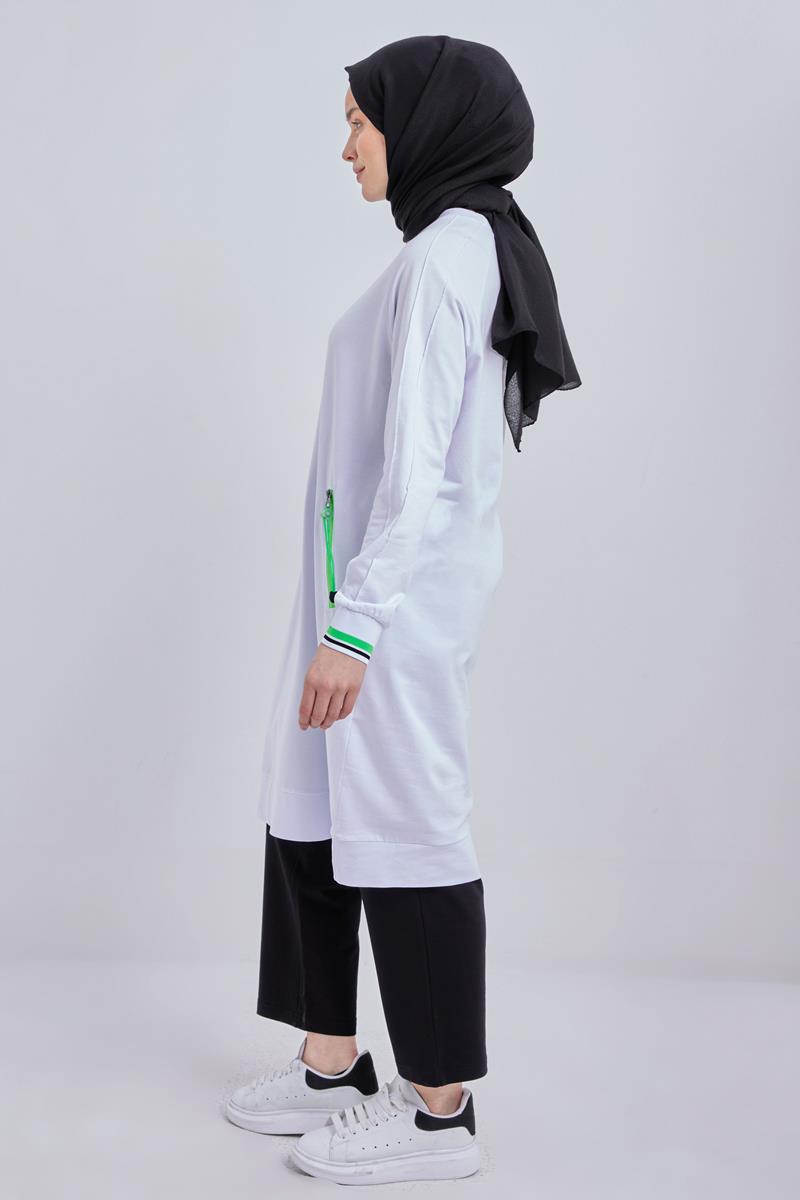 Beyaz-Pamuklu Neon Fermaur Detaylı Sweat Tunik