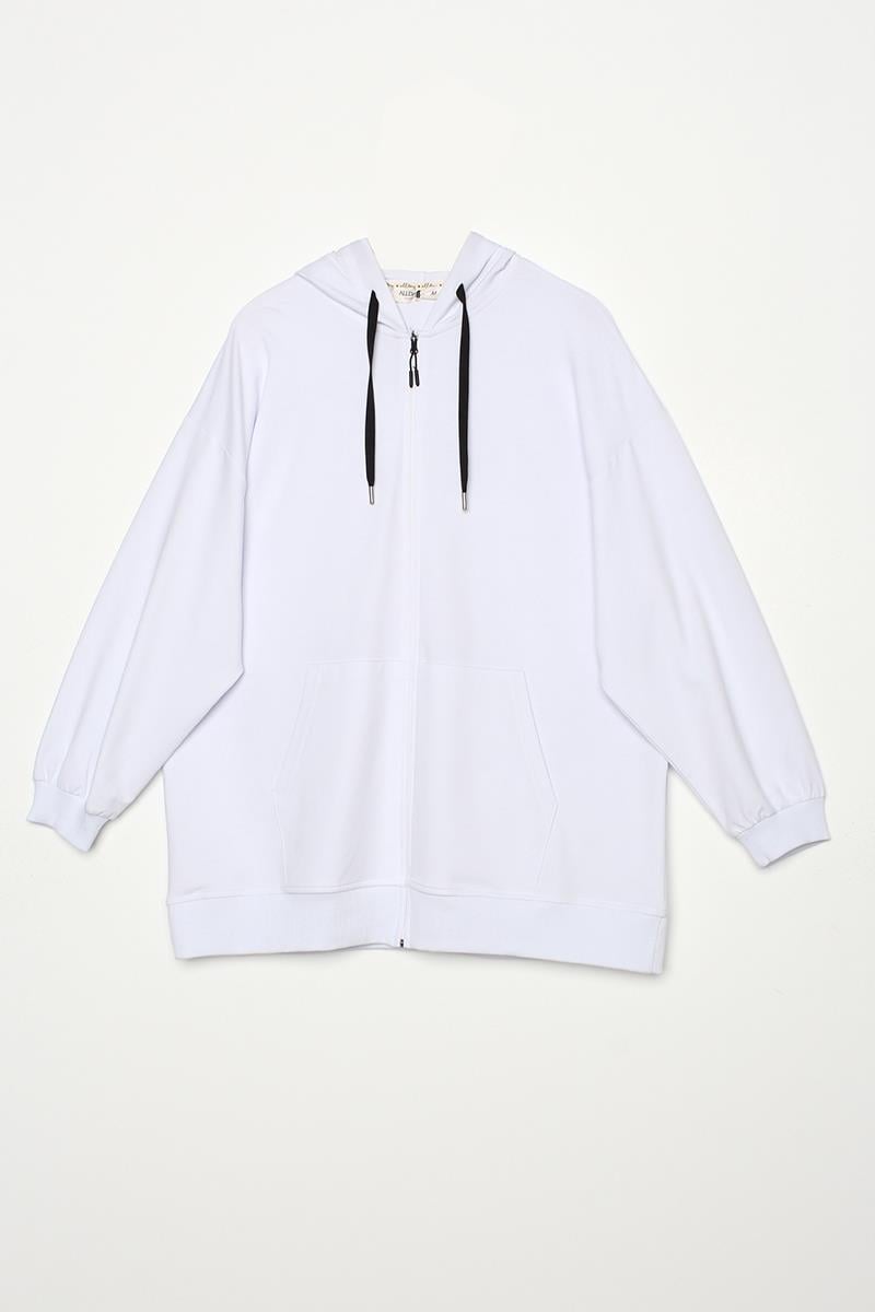 Beyaz-Pamuklu Oversize Kapüşonlu Sweat Hırka