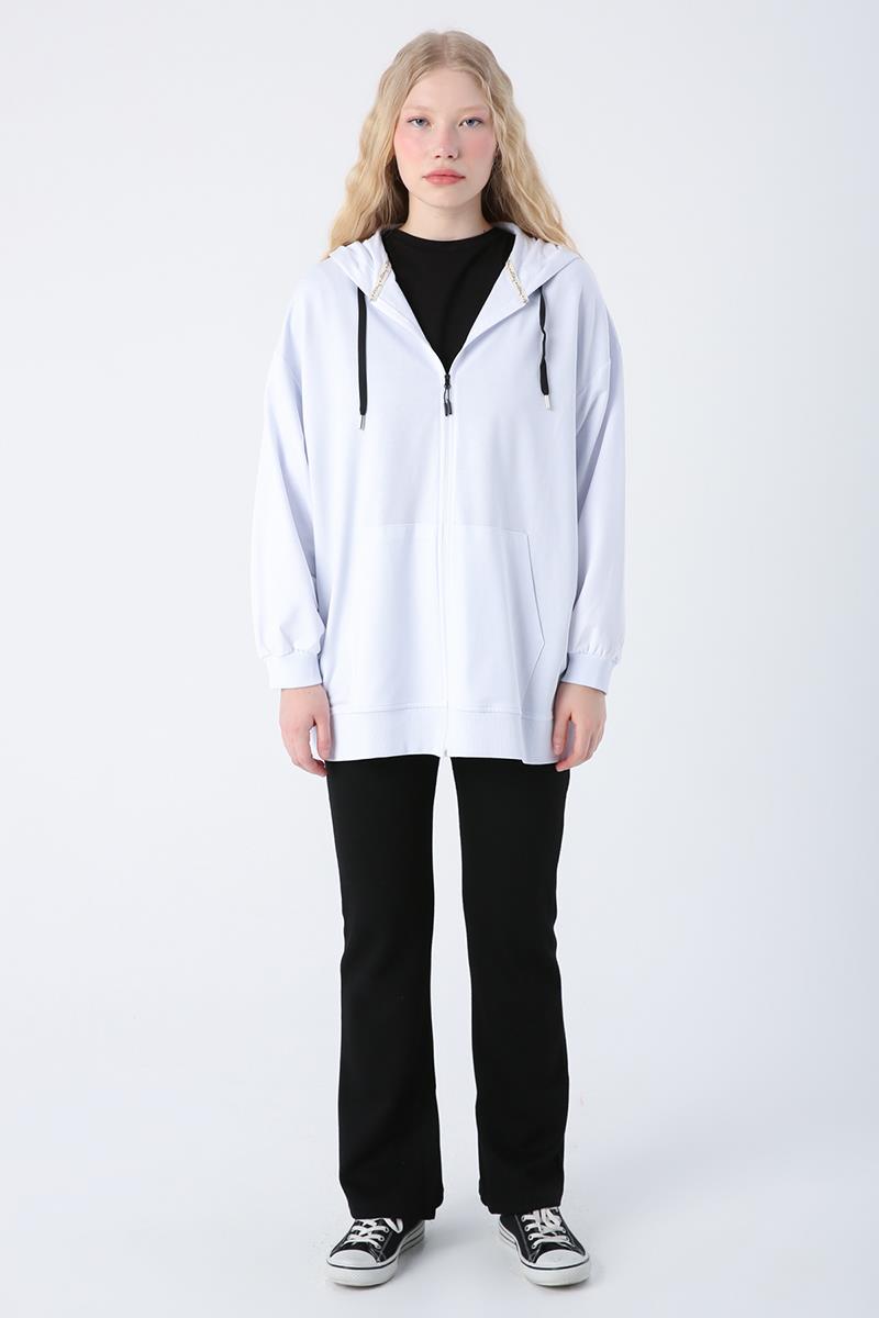 Beyaz-Pamuklu Oversize Kapüşonlu Sweat Hırka