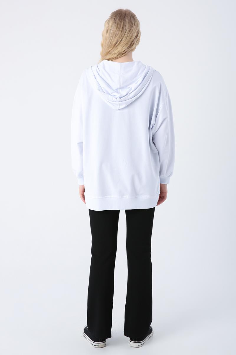 Beyaz-Pamuklu Oversize Kapüşonlu Sweat Hırka
