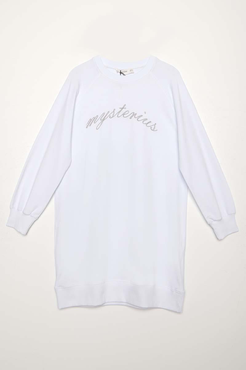 Beyaz-Pamuklu Reglan Kol Zincir Nakışlı Sweat Tunik