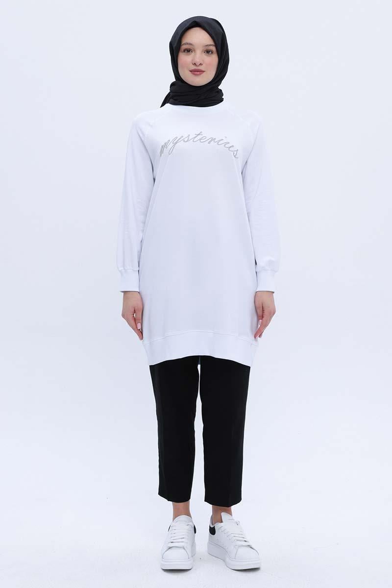 Beyaz-Pamuklu Reglan Kol Zincir Nakışlı Sweat Tunik