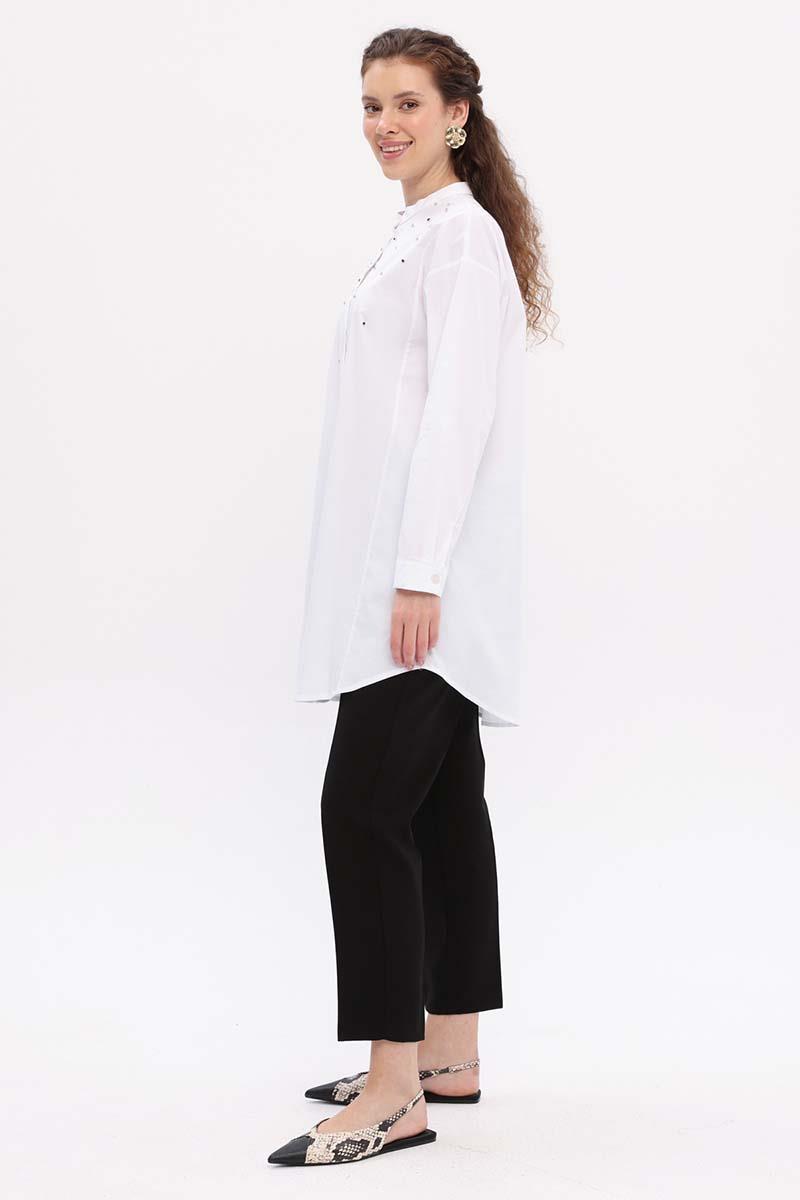 White-Cotton Stone Detailed Shirt Tunic