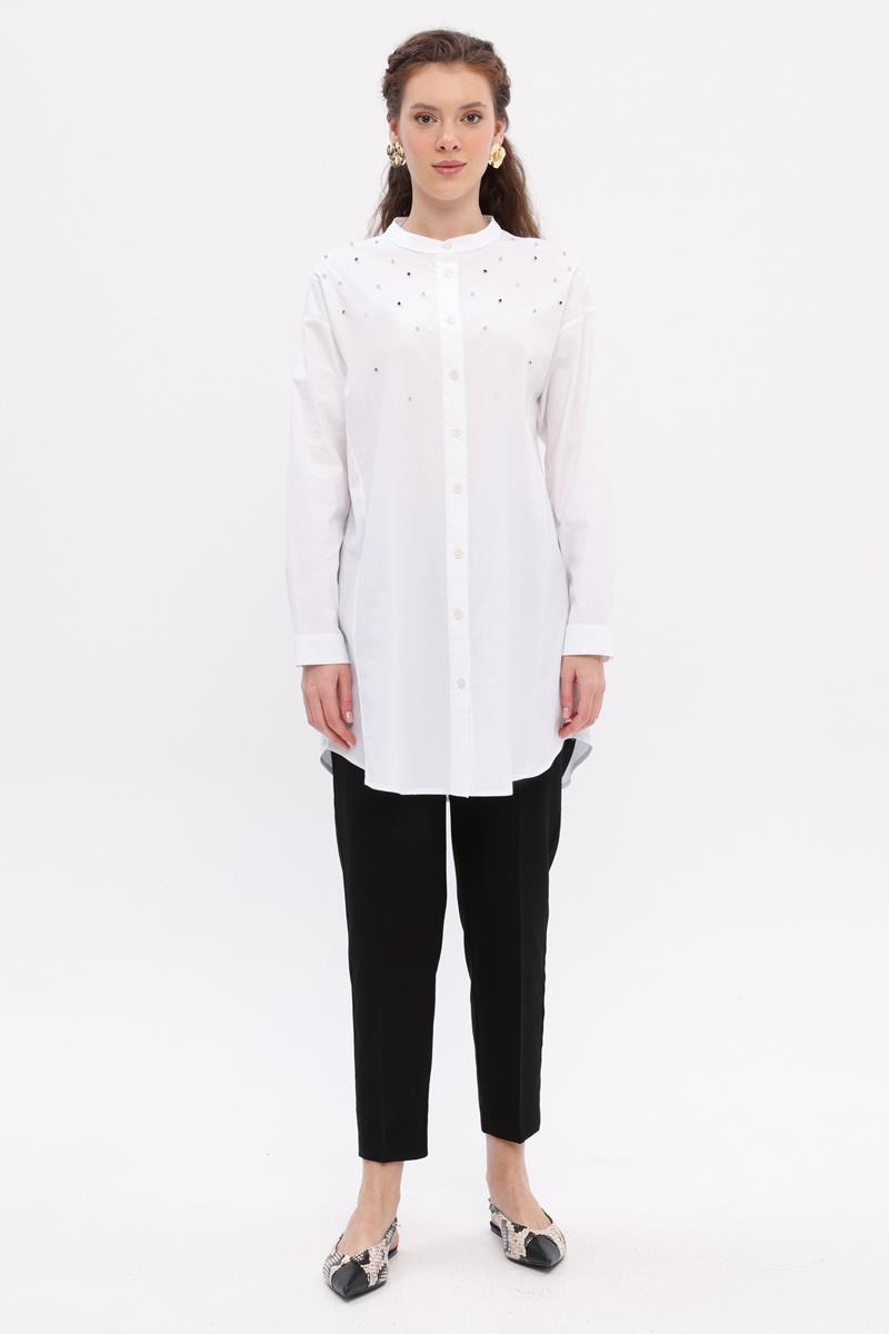 White-Cotton Stone Detailed Shirt Tunic