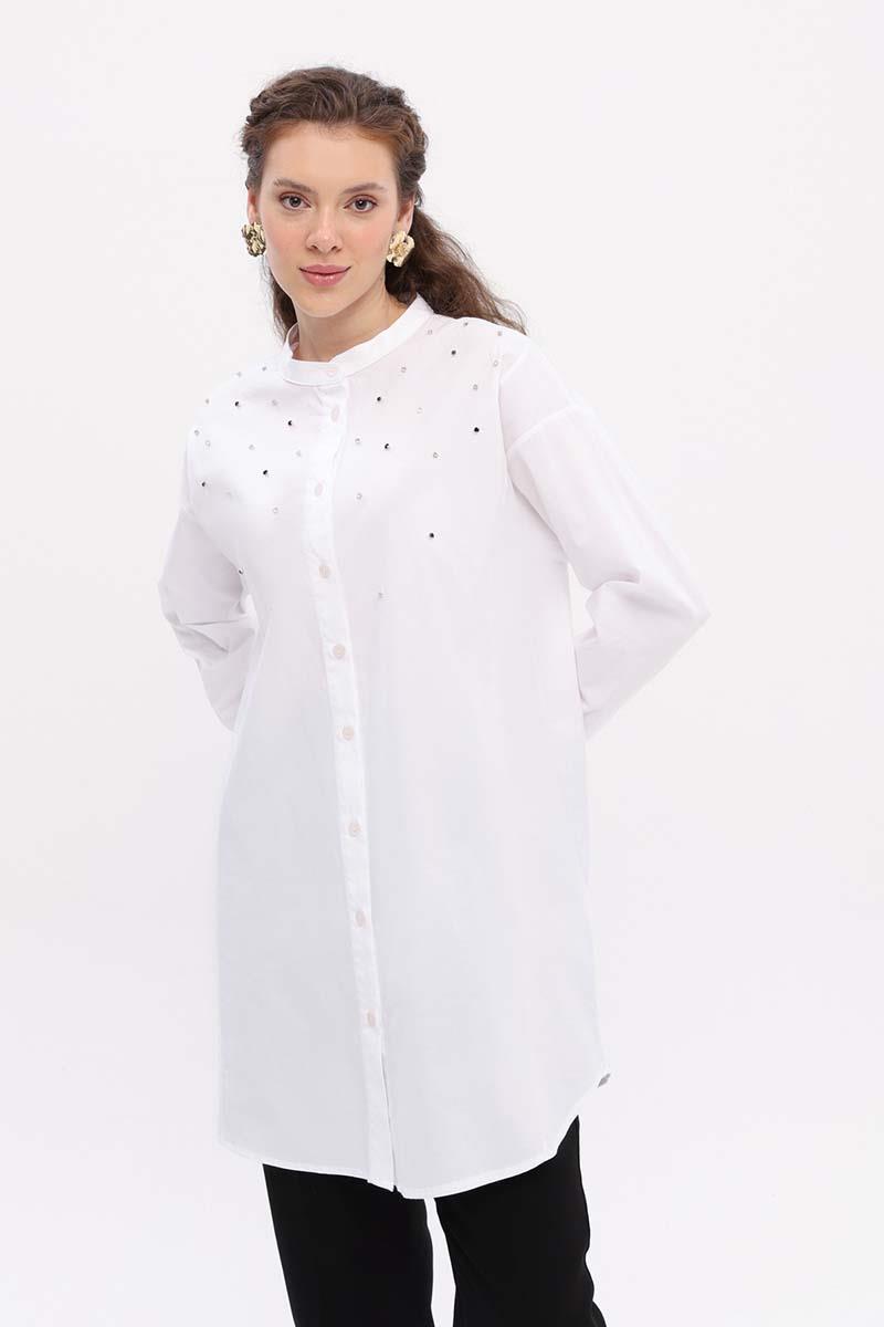 White-Cotton Stone Detailed Shirt Tunic